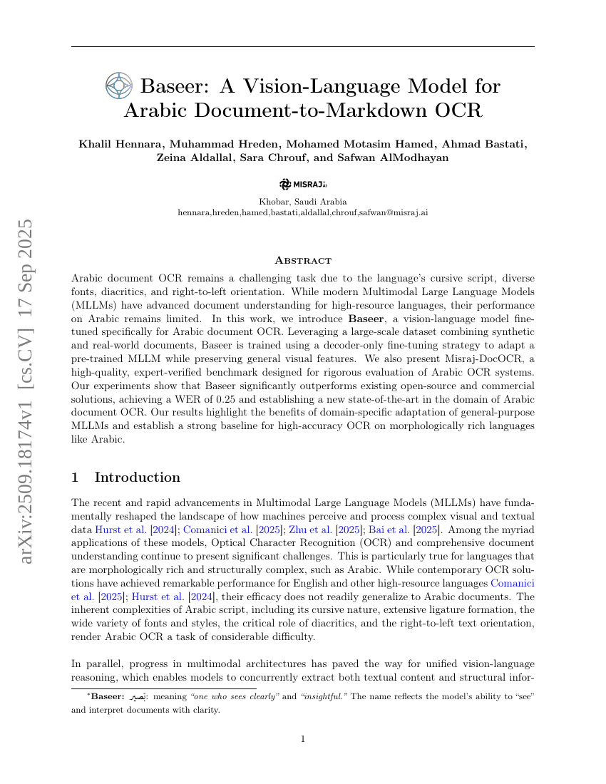 Baseer: A Vision-Language Model for Arabic Document-to-Markdown OCR