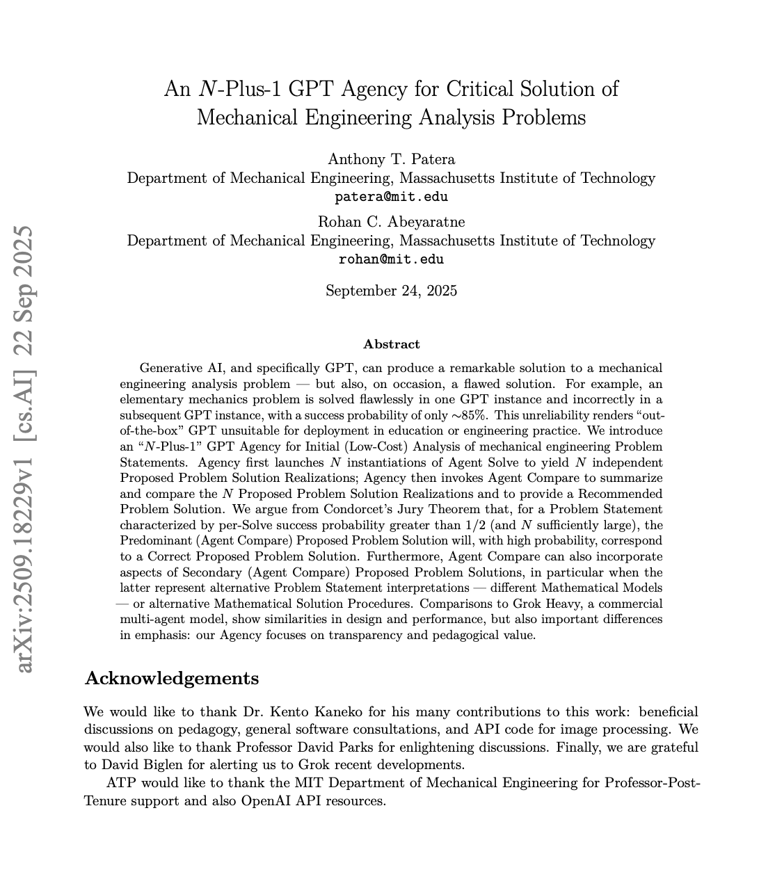 An N-Plus-1 GPT Agency for Critical Solution of Mechanical Engineering Analysis Problems