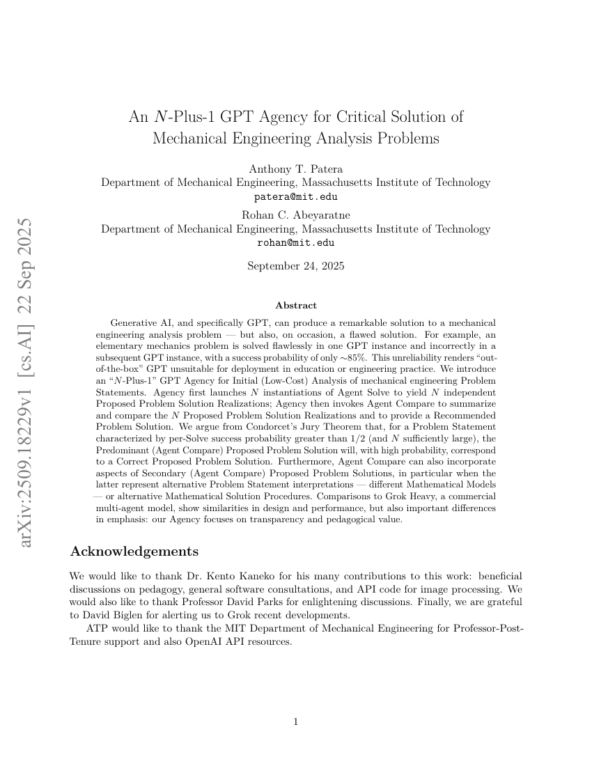 An N-Plus-1 GPT Agency for Critical Solution of Mechanical Engineering Analysis Problems