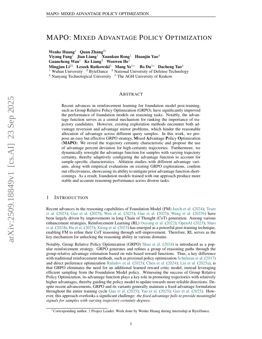 MAPO: Mixed Advantage Policy Optimization