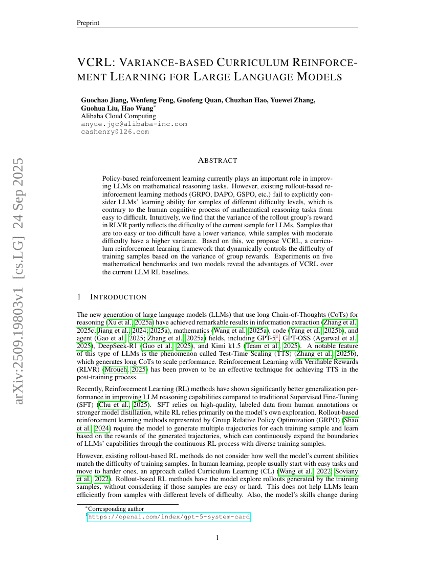 VCRL: Variance-based Curriculum Reinforcement Learning for Large Language Models