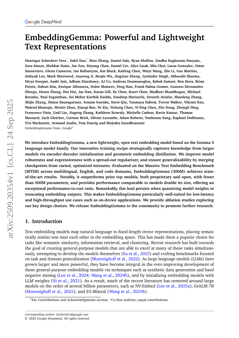 EmbeddingGemma: Powerful and Lightweight Text Representations