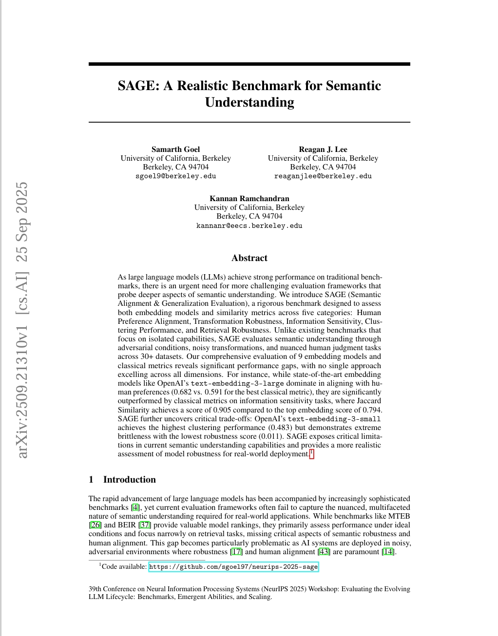 SAGE: A Realistic Benchmark for Semantic Understanding