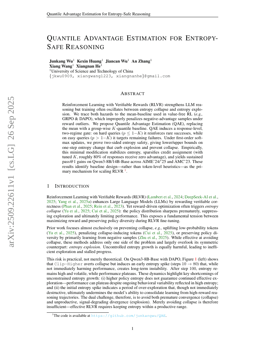 Quantile Advantage Estimation for Entropy-Safe Reasoning