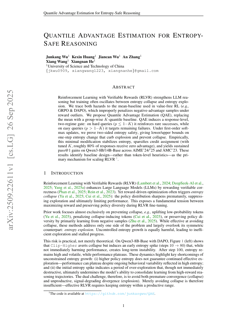 Quantile Advantage Estimation for Entropy-Safe Reasoning