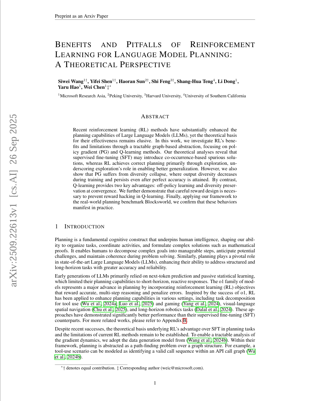 Benefits and Pitfalls of Reinforcement Learning for Language Model Planning: A Theoretical Perspective