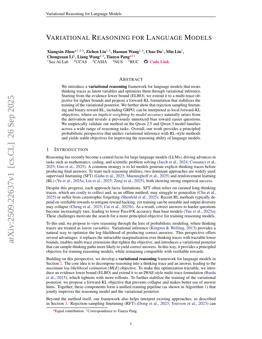 Variational Reasoning for Language Models