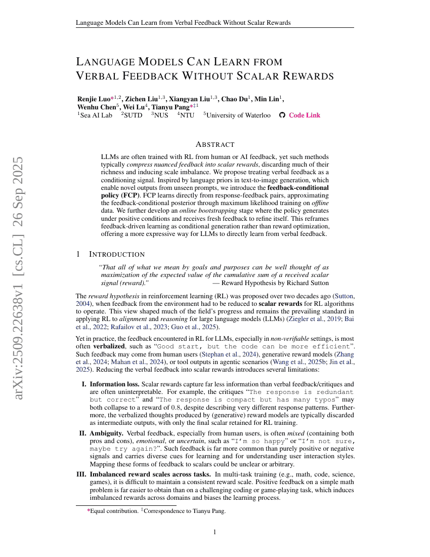 Language Models Can Learn from Verbal Feedback Without Scalar Rewards