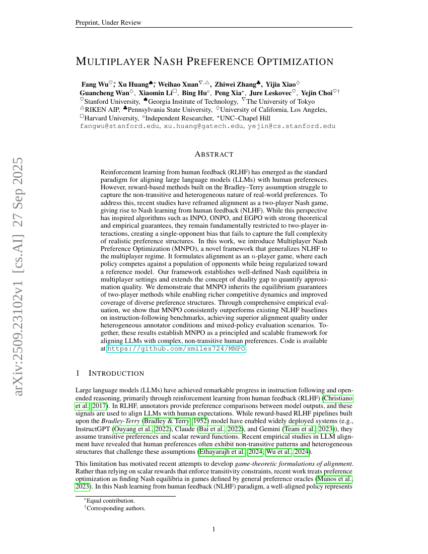 Multiplayer Nash Preference Optimization