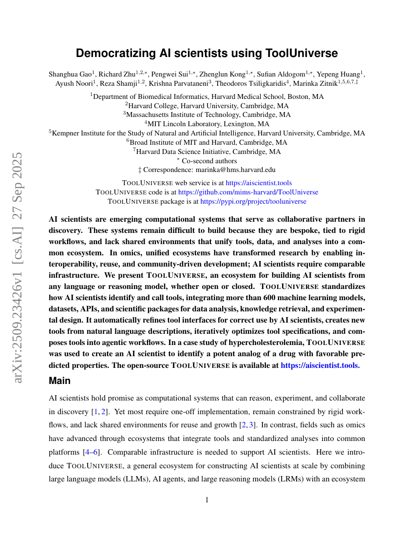 Democratizing AI scientists using ToolUniverse