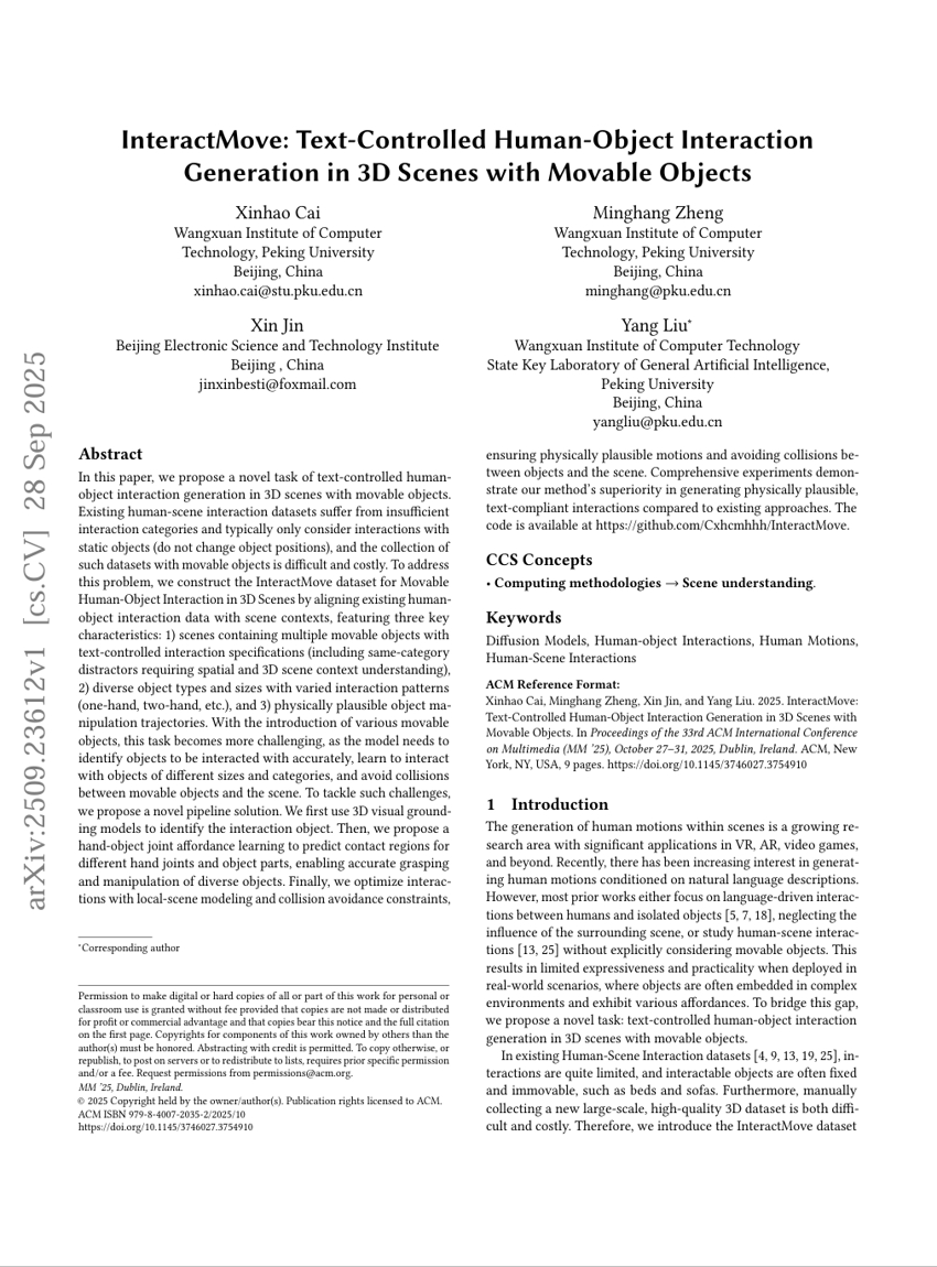 InteractMove：基于文本控制的3D场景中可移动物体的人-物交互生成