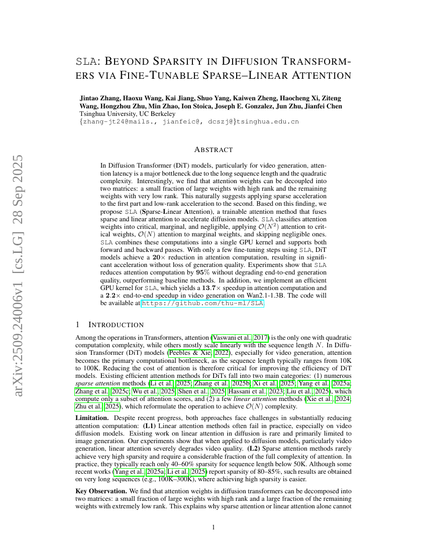 SLA: Beyond Sparsity in Diffusion Transformers via Fine-Tunable
Sparse-Linear Attention