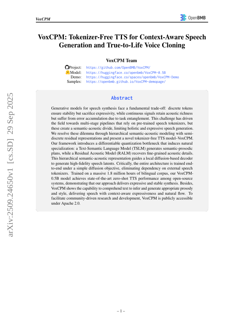 VoxCPM: Tokenizer-Free TTS for Context-Aware Speech Generation and True-to-Life Voice Cloning