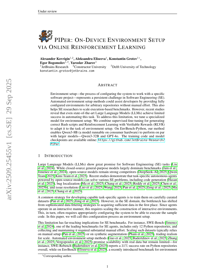 PIPer: On-Device Environment Setup via Online Reinforcement Learning
