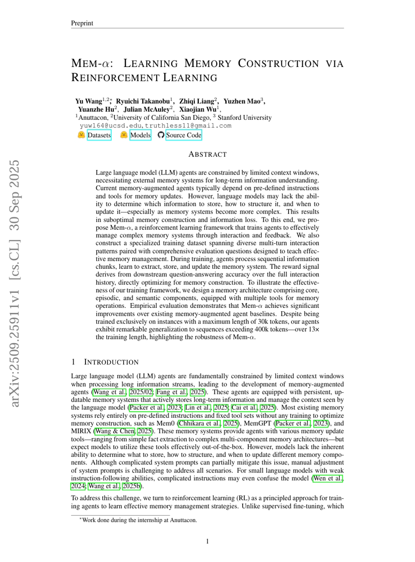 Mem-α: Learning Memory Construction via Reinforcement Learning