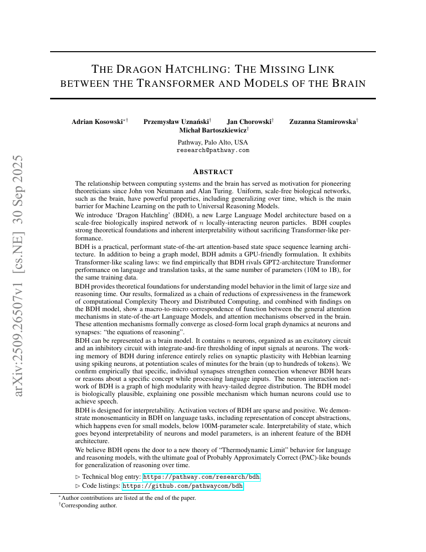 The Dragon Hatchling: The Missing Link between the Transformer and
  Models of the Brain