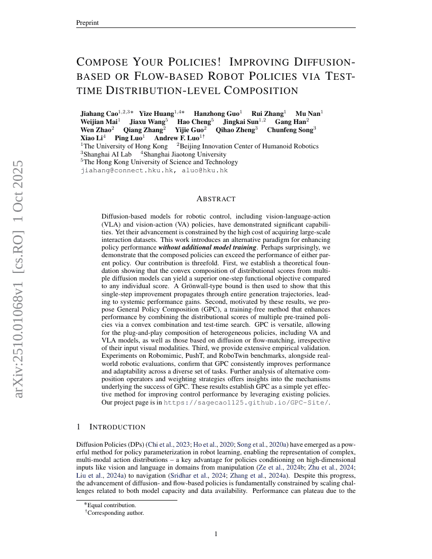 Compose Your Policies! Improving Diffusion-based or Flow-based Robot Policies via Test-time Distribution-level Composition