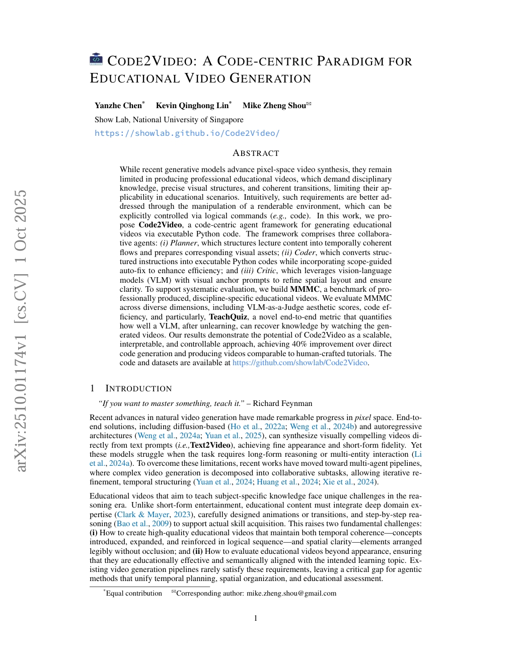 Code2Video:一种以代码为中心的教育视频生成范式