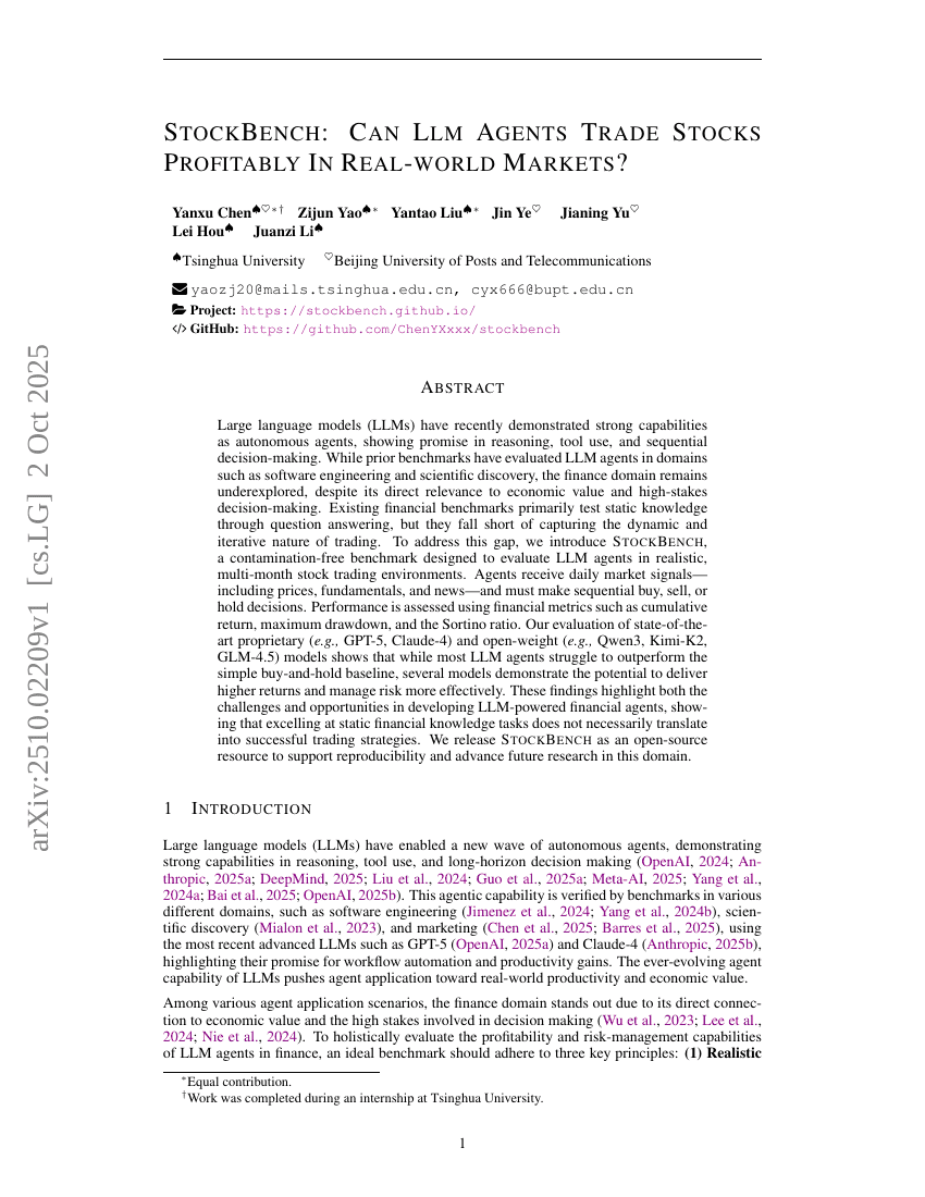 StockBench: Can LLM Agents Trade Stocks Profitably In Real-world
Markets?