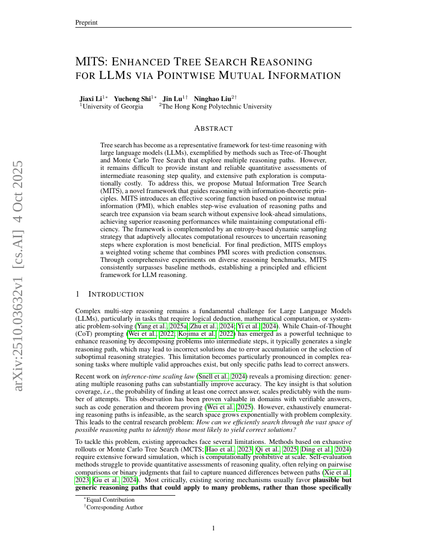 MITS: Enhanced Tree Search Reasoning for LLMs via Pointwise Mutual
Information