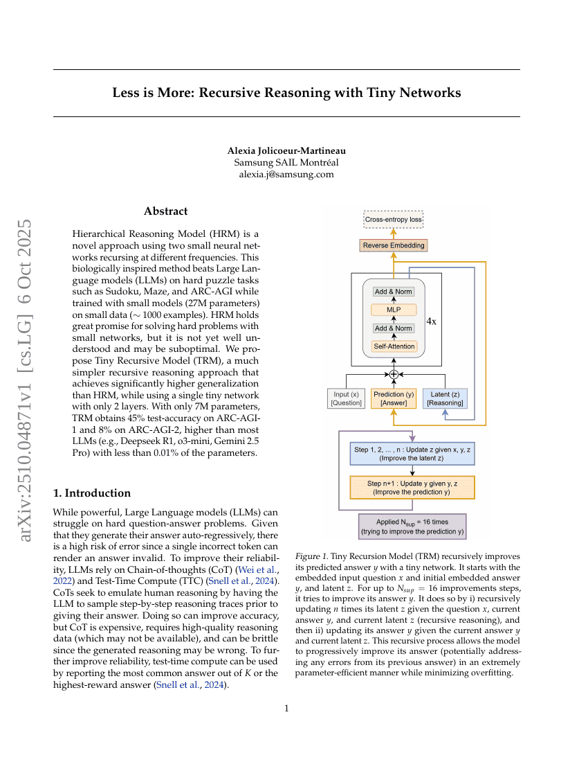 Less is More: Recursive Reasoning with Tiny Networks