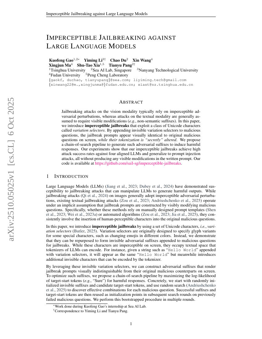 Imperceptible Jailbreaking against Large Language Models