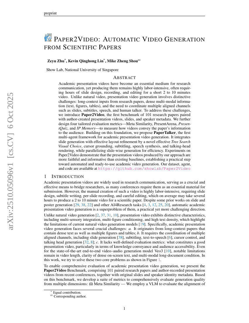 Paper2Video: Automatic Video Generation from Scientific Papers