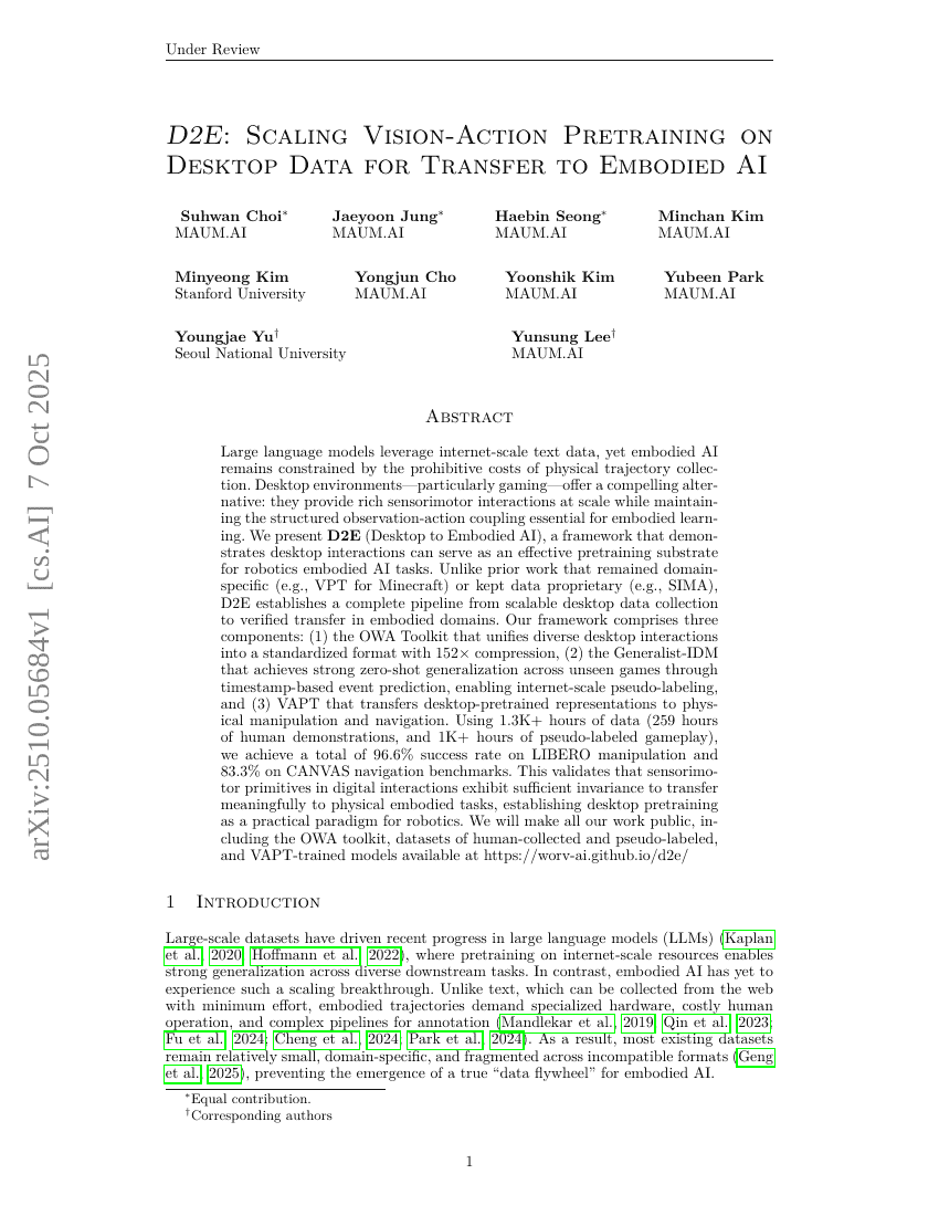 D2E: Scaling Vision-Action Pretraining on Desktop Data for Transfer to Embodied AI