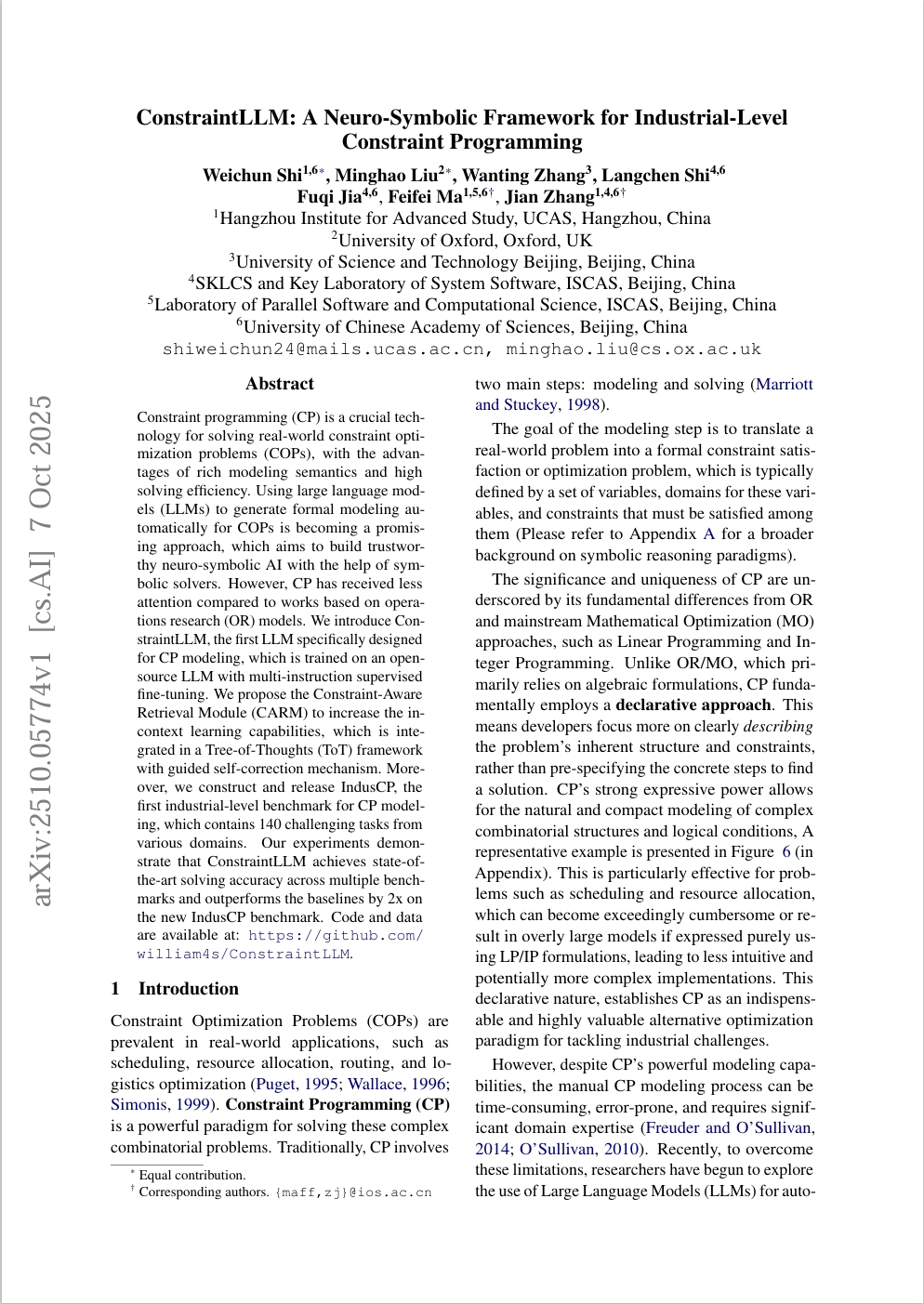 ConstraintLLM: A Neuro-Symbolic Framework for Industrial-Level Constraint Programming