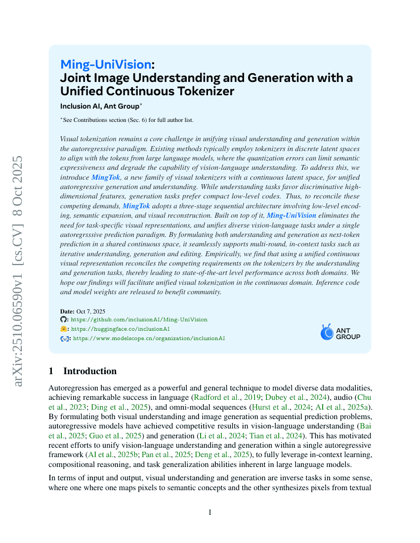 Ming-UniVision: Joint Image Understanding and Generation with a Unified
Continuous Tokenizer