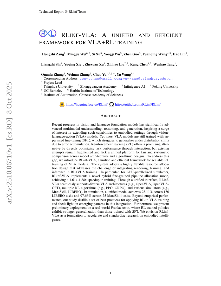 RLinf-VLA: A Unified and Efficient Framework for VLA+RL Training