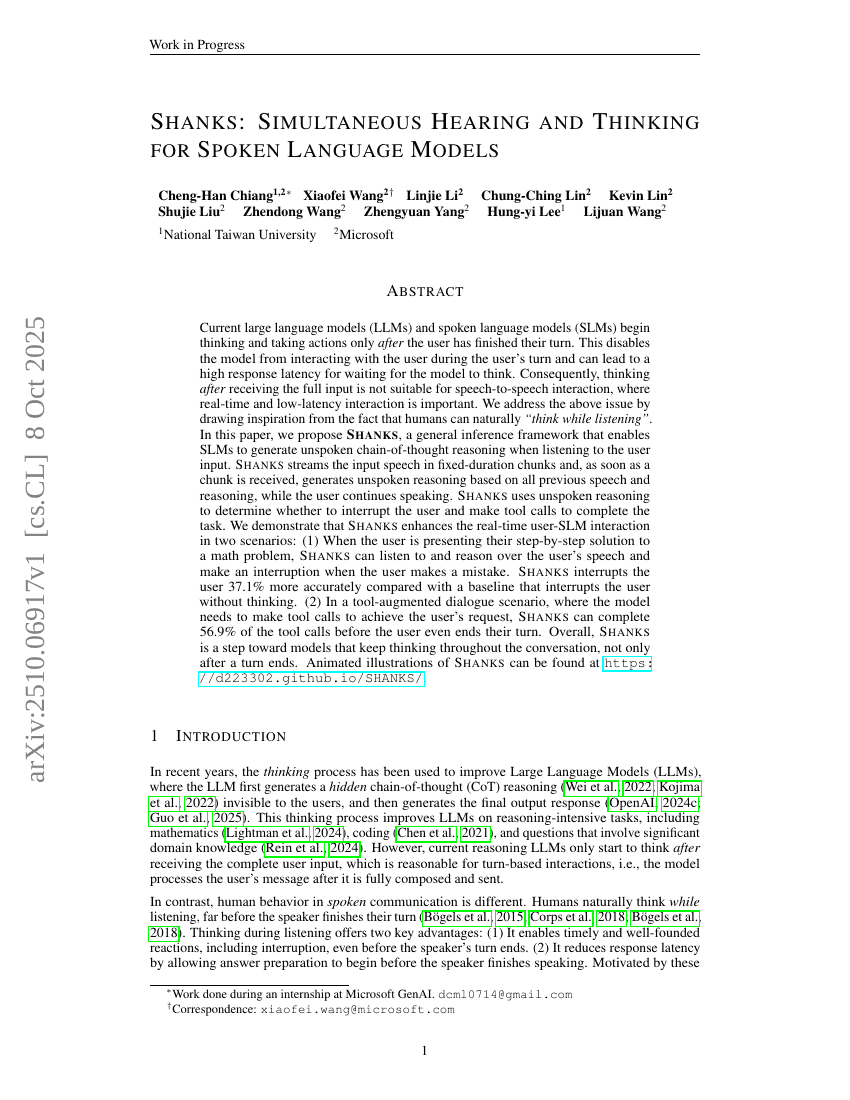 SHANKS: Simultaneous Hearing and Thinking for Spoken Language Models