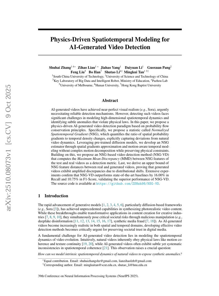 Physics-Driven Spatiotemporal Modeling for AI-Generated Video Detection