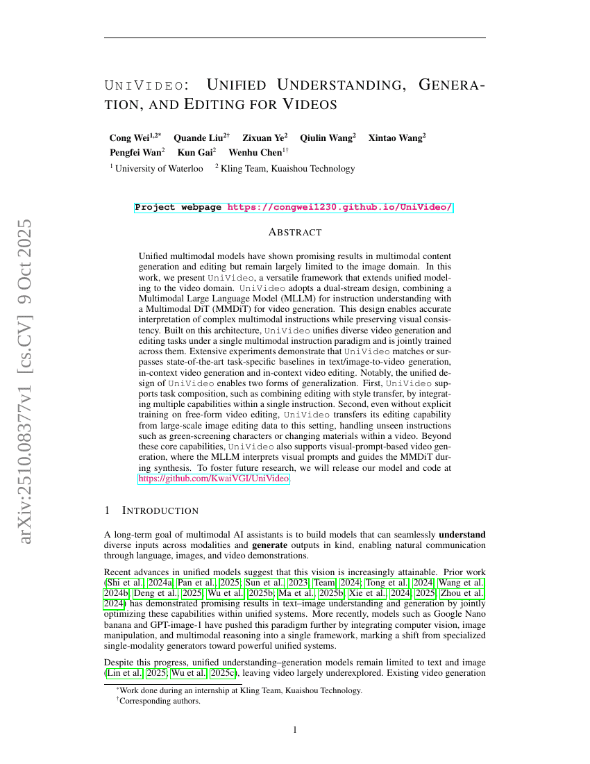 UniVideo: Unified Understanding, Generation, and Editing for Videos