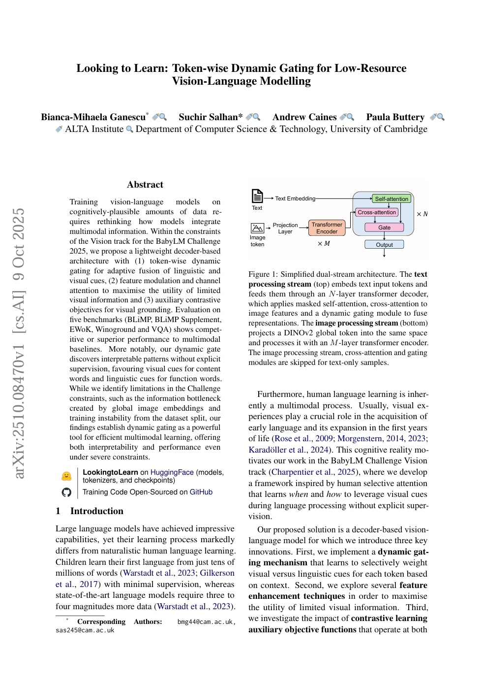 Looking to Learn: Token-wise Dynamic Gating for Low-Resource Vision-Language Modelling