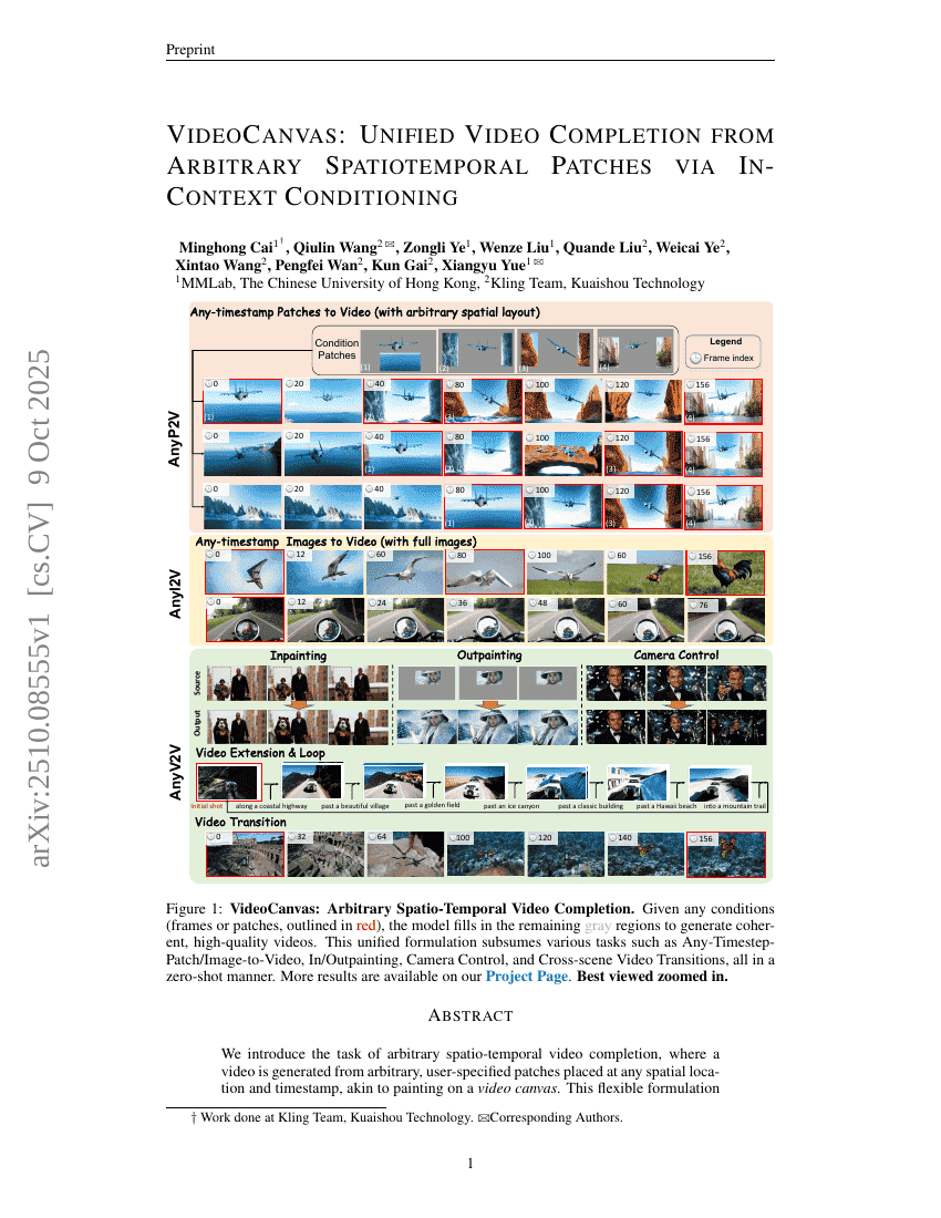 VideoCanvas: Unified Video Completion from Arbitrary Spatiotemporal
Patches via In-Context Conditioning