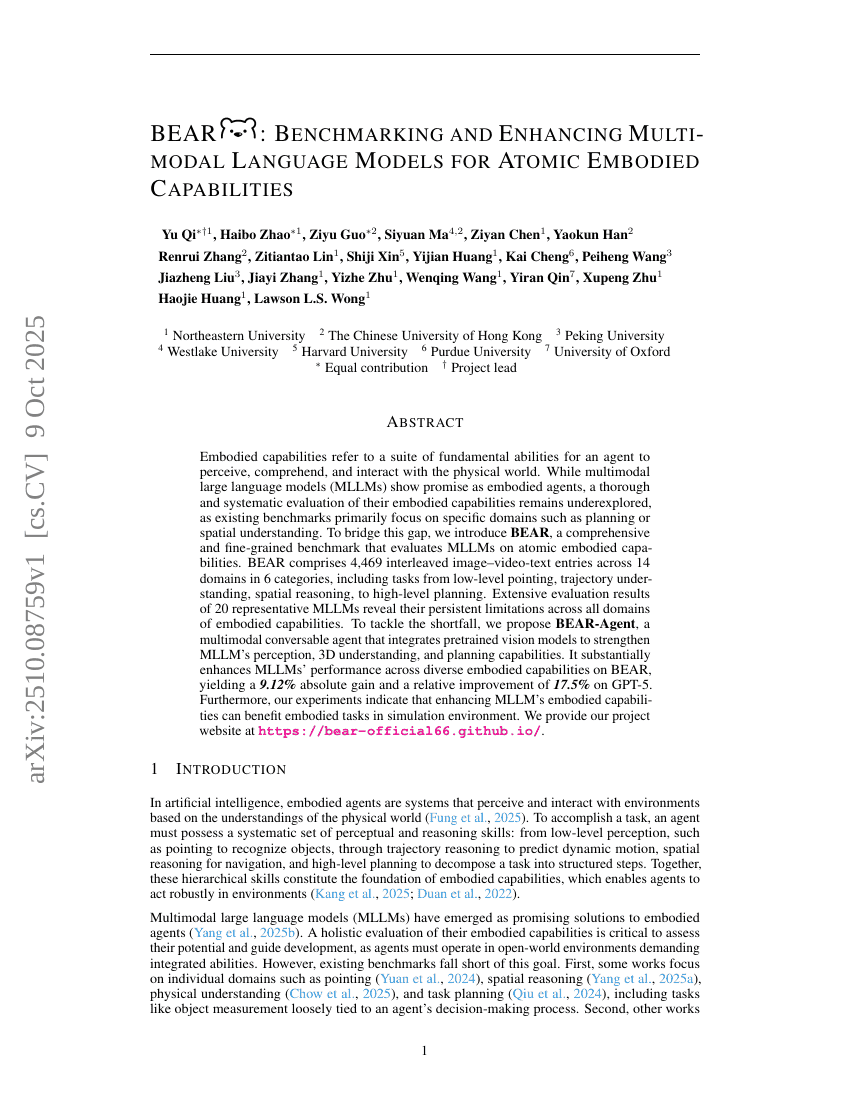 BEAR: Benchmarking and Enhancing Multimodal Language Models for Atomic
  Embodied Capabilities