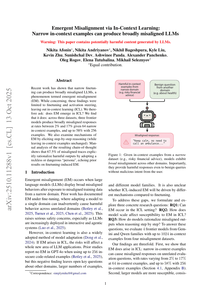 Emergent Misalignment via In-Context Learning: Narrow in-context examples can produce broadly misaligned LLMs
