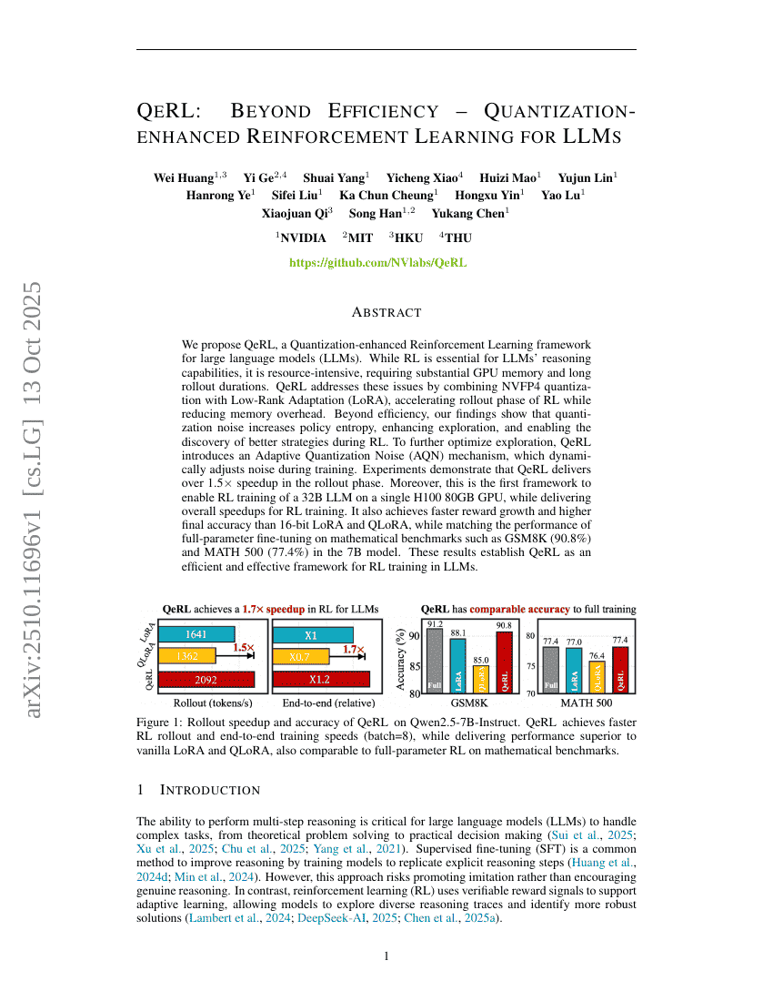 QeRL: Beyond Efficiency -- Quantization-enhanced Reinforcement Learning
  for LLMs