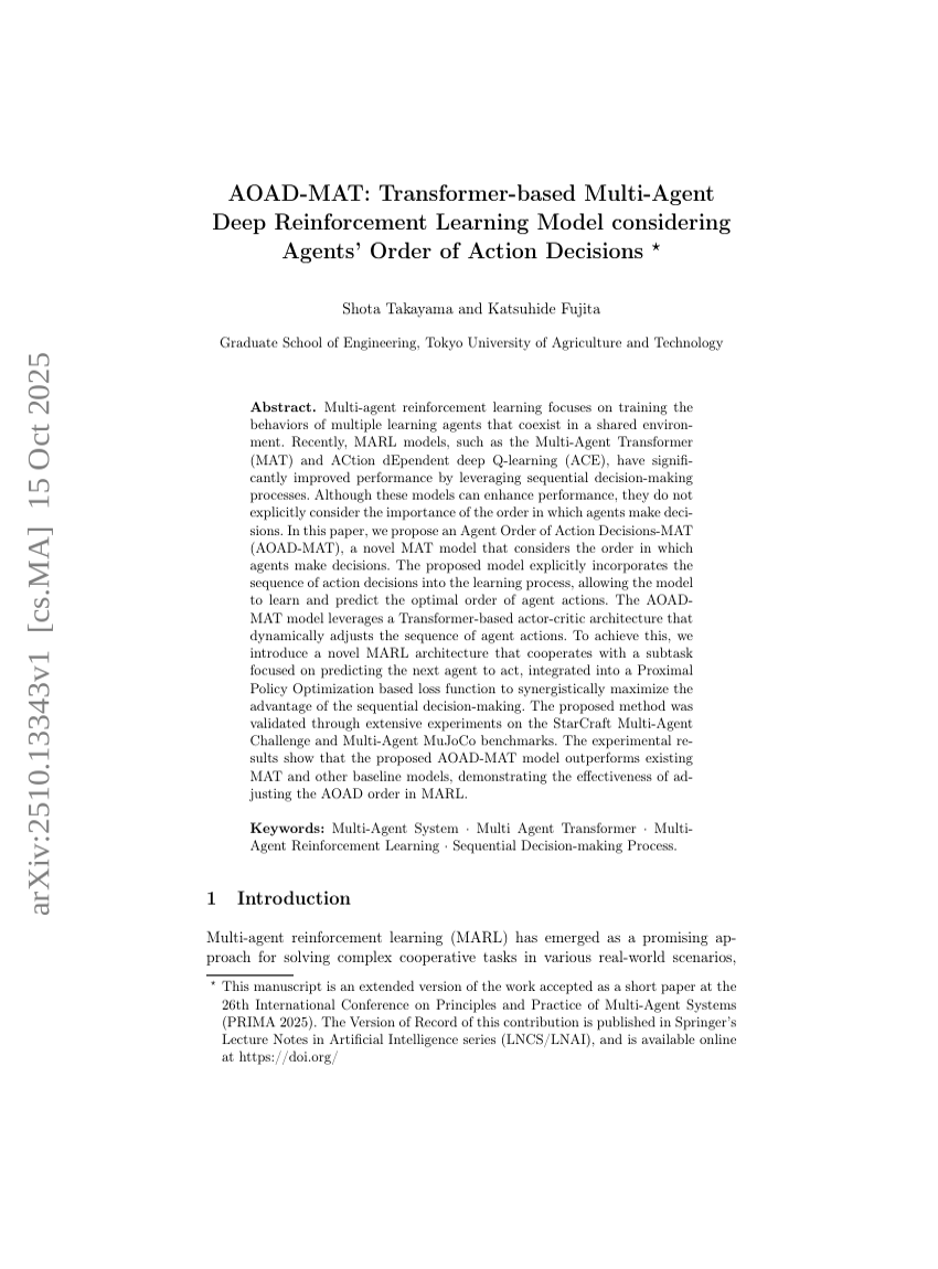 AOAD-MAT: Transformer-based Multi-Agent Deep Reinforcement Learning Model considering Agents' Order of Action Decisions