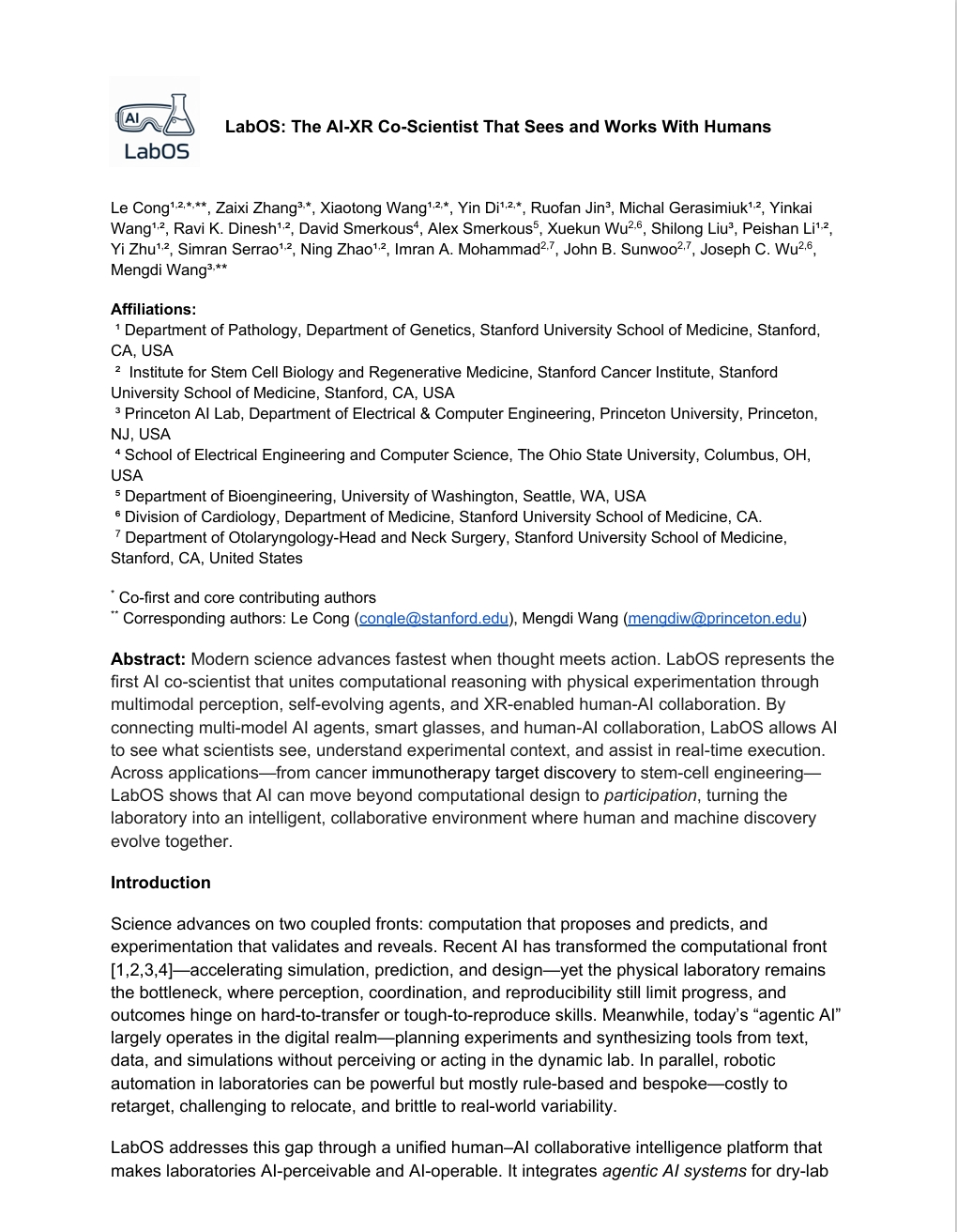 LabOS：能够感知并协同人类的AI-XR共科研人员