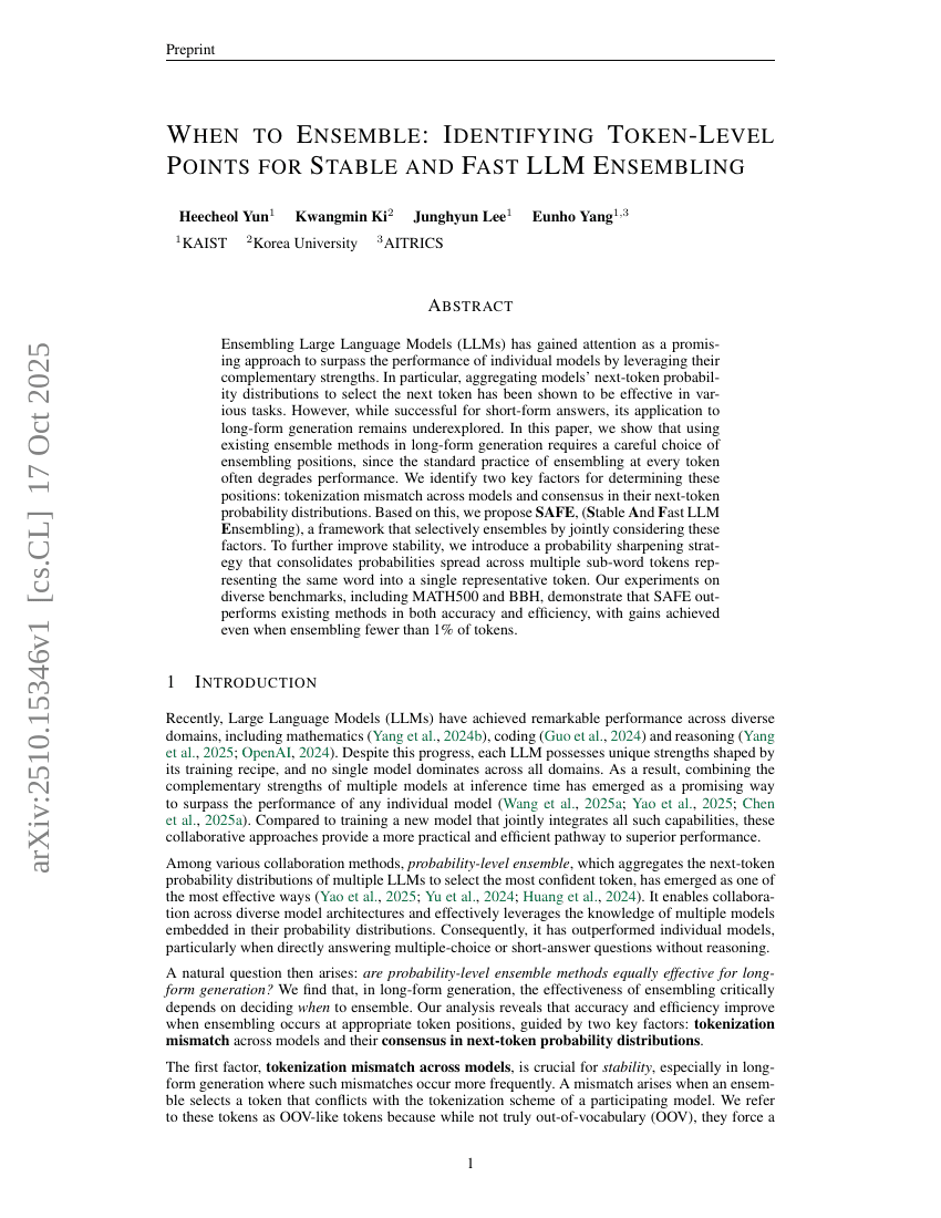 When to Ensemble: Identifying Token-Level Points for Stable and Fast LLM Ensembling