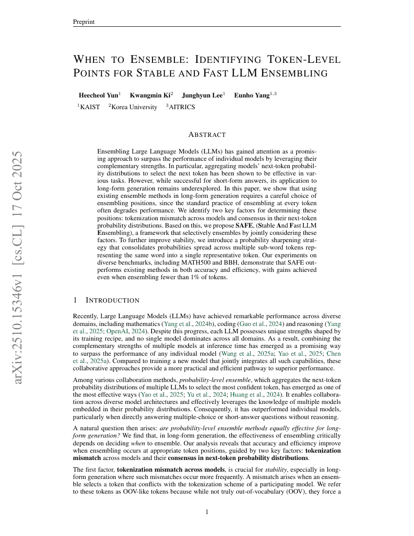 When to Ensemble: Identifying Token-Level Points for Stable and Fast LLM Ensembling