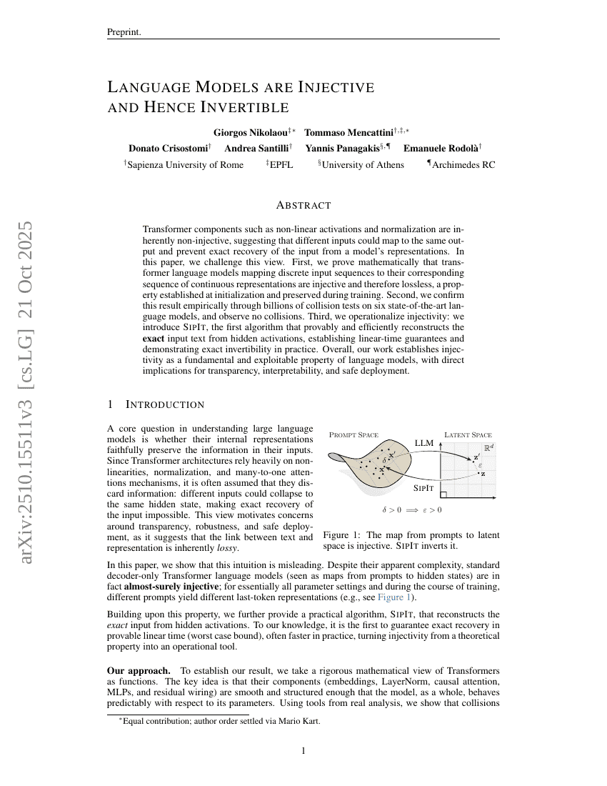语言模型是单射的，因此可逆