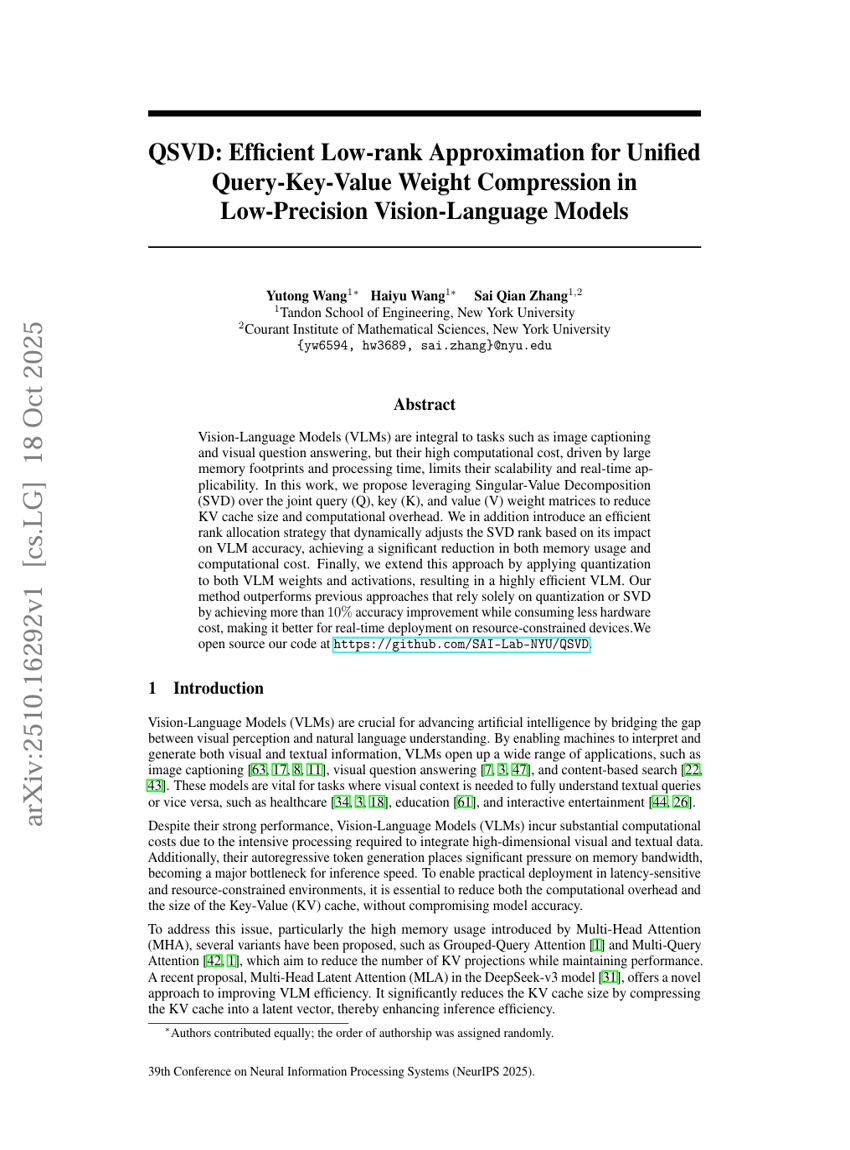 QSVD：面向低精度视觉-语言模型中统一查询-键-值权重压缩的高效低秩近似