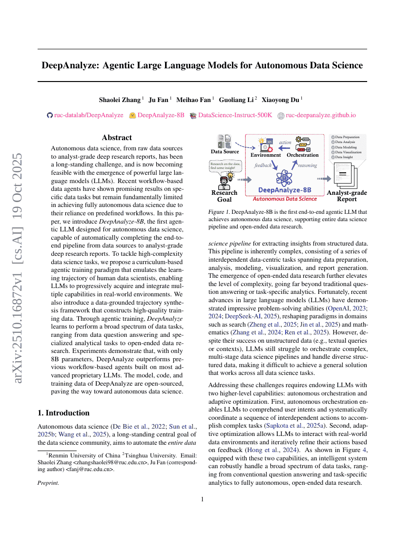 DeepAnalyze: Agentic Large Language Models for Autonomous Data Science