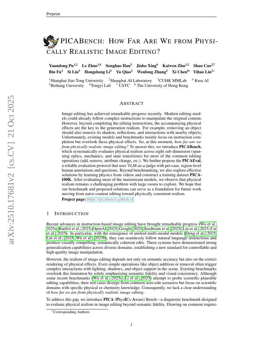 PICABench: How Far Are We from Physically Realistic Image Editing?