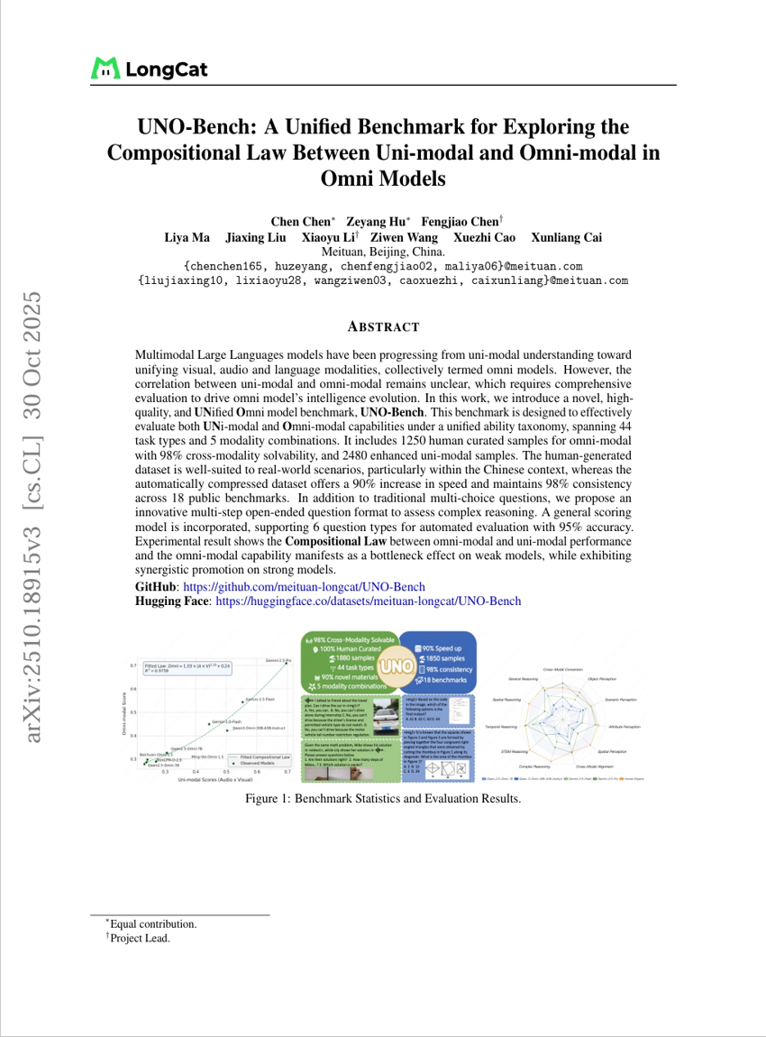 UNO-Bench：一个用于探索Omni模型中单模态与全模态之间组合规律的统一基准
