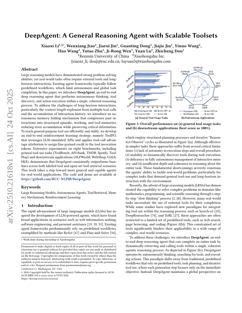 DeepAgent: A General Reasoning Agent with Scalable Toolsets