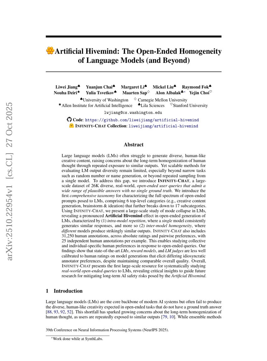 Künstlicher Hivemind: Die offene Homogenität von Sprachmodellen (und darüber hinaus)